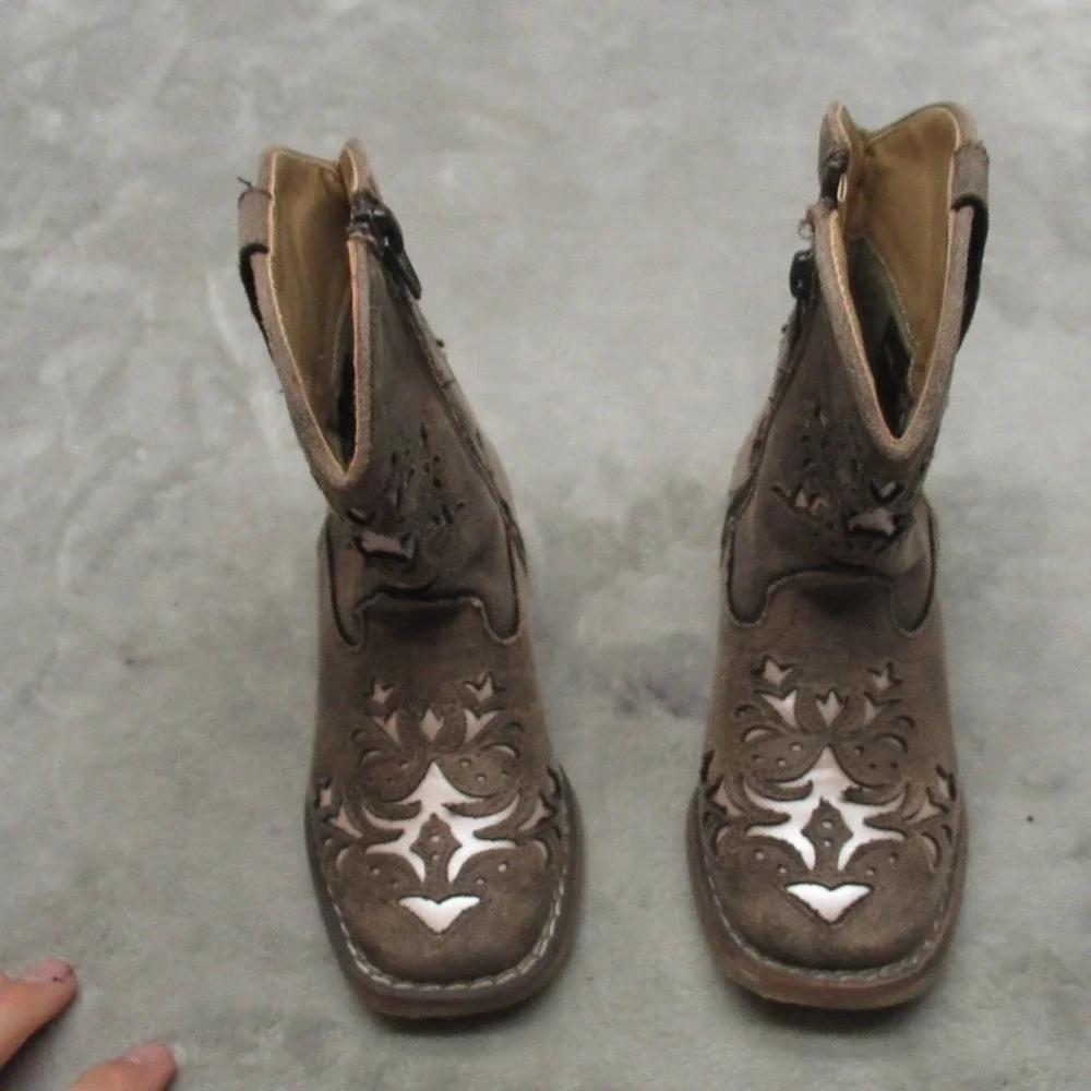 Roper Toddlers 7 Lola Cowboy Boots Brown Faux Leather‎ Western Side Zip Square